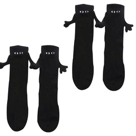 flintronic 2 Pairs Funny Magnetic Socks, Couple Holding Hands Socks 3D Doll Couple Socks, Hand in Hand Socks Friendship Socks, Novelty Cute Mid-Tube Socks, Gifts for Women Men (Black)