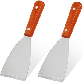SNOKAY 2 PCS Stainless Steel Slant Edge Grill Scrapers with Wooden Handles - Perfect for Food Service, Cleaning, Baking, Blackstone Griddle Scraper, Barbecue Supplies
