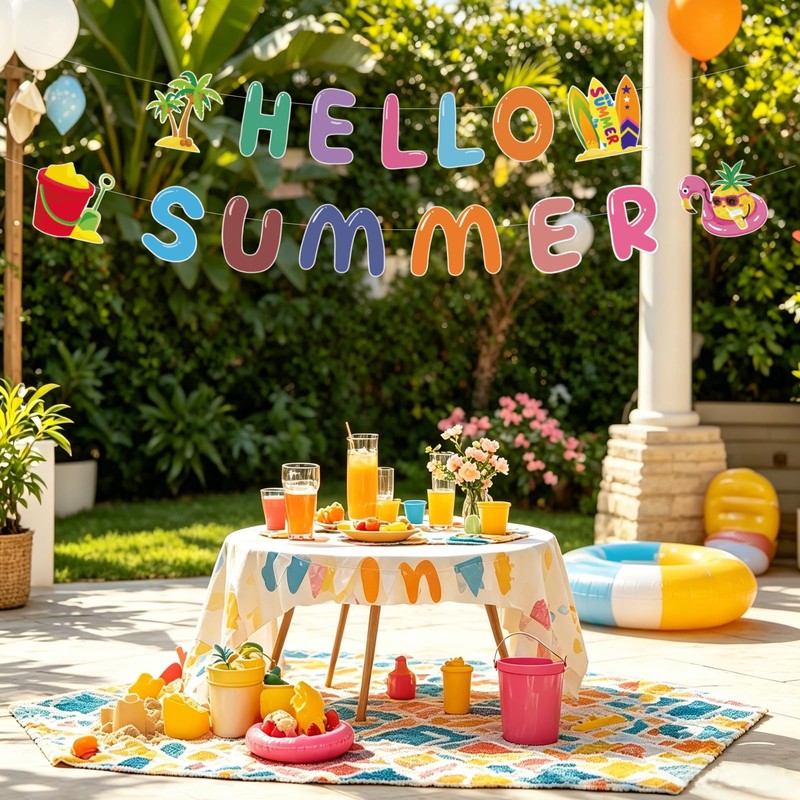 Hello Summer Banner,Summer Party Decorations with Flamingo Pattern Summer Garland