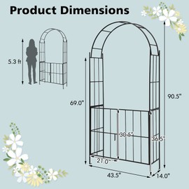 Giantex Garden Arbor with Gate, 90.5" H x 43.5" W Metal Arch Trellis for Climbing Plants, Outdoor Wedding Archway with Latch Door, Rust-Resistant Decorative Arch for Yard, Lawn, Garden Entrance