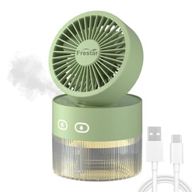 Frestar Personal Cooling Fan and Small Air Humidifier 350ml with LED Night Light, Desktop USB Charging Humidifier and Fan 3 in 1 for Office and Small Room, No Battery (Green)
