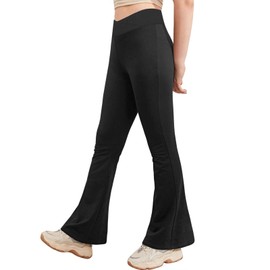 viehunt Girls Crossover High Waisted Flare Leggings Bootcut Solid Full Length Cute Yoga Pants Black