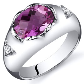 PEORA Created Pink Sapphire Ring in Sterling Silver, Contoured Signet Design, 2.50 Carats Oval Shape 9x7mm, Comfort Fit, Size 7, Engagement, Promise, Anniversary Ring, Sparkling Jewelry