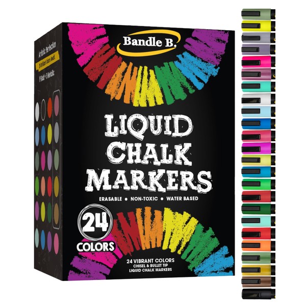 Chalk Markers - 24 Vibrant, Erasable, Non-Toxic, Water-Based, Reversible Tips,