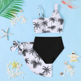 WWXGDS Girls Swimsuit 3PCS Bikini Sets,Adjustable Shoulder Strap Bathing Suits 5-14Y Girls' Swimwear with Cover Up Skirt Black