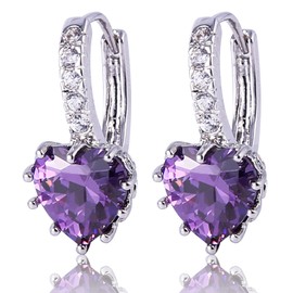 GULICX 925 Sterling Silver CZ Amethyst Color Huggie Earrings Hoops Purple Heart Shape Cubic Zirconia