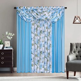 Sapphire Home Floral Sheer Curtains - Multicolor Flower 4 Panels Set with 3 Valances, 54" x 84", Privacy Voile Window Curtains for Living Room, Bedroom, Kitchen, Dining Room - Sandy/Blue