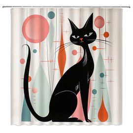 EVRCVAR Mid Century Cat Shower Curtain ​Retro Abstract Atomic Geometric Iconic 1950s 1960s Vintage Neutral Pattern Bathroom Curtain Fabric with Hooks(70" WX70 H)