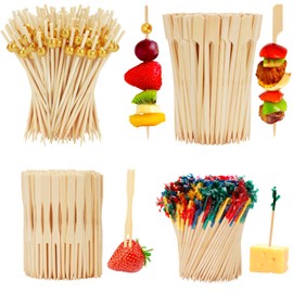 800PCS Cocktail Picks - 4 Styles Fancy Toothpicks for Appetizers Charcuterie Boards Accessories, Decorative Bamboo Skewers Wooden Long Cocktail Sticks for Drinks Food Fruit Sandwich Party Supplies
