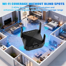 WiFi Extender Booster Internet Repeater 4 Antennas Long Range Wireless Signal Extender Boosters with Ethernet Powerline Port 300Mbps 2.4Ghz Quick Setup for Home Network Black UK Plug