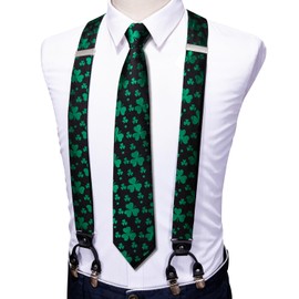 Barry.Wang Mens Adjustable St. Patrick's Day Green Clover Suspenders Tie Clip Set with Elastic Straps Y