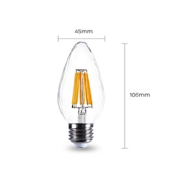 E27/E26 6W F15 Dimmable LED Filament Bulb, Daylight White 6500K 60W Equivalent 600 Lumen Edison Vintage Porch Bulbs for Indoor Dining Room, Flame Wrinkle Clear Glass Cover, AC 120V (4-Pack)