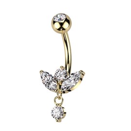 Pierced Owl 14GA 316L Stainless Steel CZ Crystal Marquise with Dangling Gem Belly Button Ring (Gold Tone)