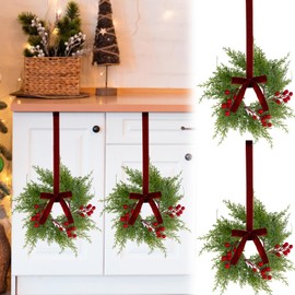 8Pcs Small Christmas Wreaths for Kitchen Cabinets - 9 Inch Mini Wreaths for Cabinets with Berry and Ribbon, Artificial Farmhouse Wreath Hanging Wreaths for Fireplace Front Door Chair Window Porch Wall