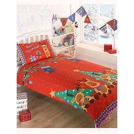 Rudolph Reindeer Christmas Kids Presents Stars Quilt Duvet Cover and Pillowcase Bedding Bed Set, Red, Single