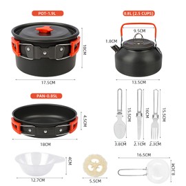 VIPITH 13Pcs Camping Cookware Set, Orange, Aluminum Alloy & Stainless Steel, Medium Size, Mess Kit for 2-3 People, Outdoor Picnic Hiking