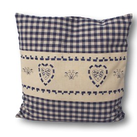 Pine Cushion Blue Checked with Heart Embroidery Filled with Pine Flakes Made from 100% Alpine Pine Wood in Extra Ticking Size 40 x 40 cm