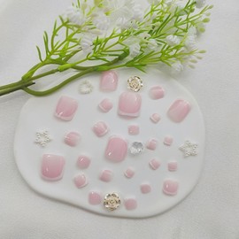 Square Press on Toenails Short Toe Nail Press ons Pink Fake ToeNails with White French Designs Acrylic Toenail Press ons Daily Wear Simple False Toenails Cute Stick on Toenails for Women 24Pcs
