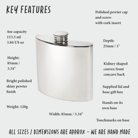 Wentworth Pewter - Plain Polished Pewter Kidney Flask, Hip Flask, Spirit Flask, 4oz Capacity