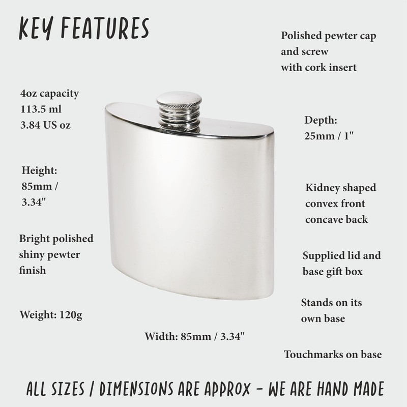 Wentworth Pewter - Plain Polished Pewter Kidney Flask, Hip Flask,