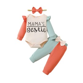 Mioglrie 0-3 Months Baby Girl Clothes Newborn Girl Outfits Infant Green Orange Romper Pants Set with Cute Headband