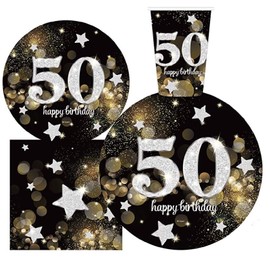 Serves 30 Complete Party Pack | Happy 50th Birthday 9" Dinner Paper Plates 7" Dessert Paper Plates 12 oz Cups 3 Ply Napkins 50th Birthday Party Theme