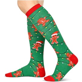 HAPPYPOP Funny Christmas Knee High Socks for Women Girls, Holiday Socks Gingerbread Socks, Stocking Stuffers Christmas Gifts