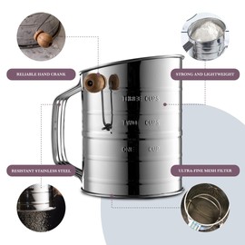 Bellemain 3 Cup Flour Sifter for Baking Fine Mesh Rotary Hand Crank with Loop Agitator for Quick Sifting, Flour Sifter Stainlees Steel