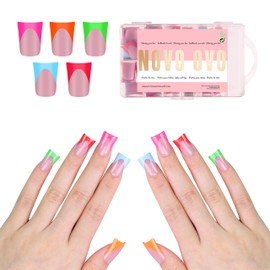 NOVO OVO French Tip Short Duck Nail Tips Press On 5 MIXED COLOR, Pre-designed Soft Gel Nail Extension, Pre-applied Tip Primer & Base Coat, Full Cover Acrylic False Nails for DIY x 12 Sizes 240 pcs