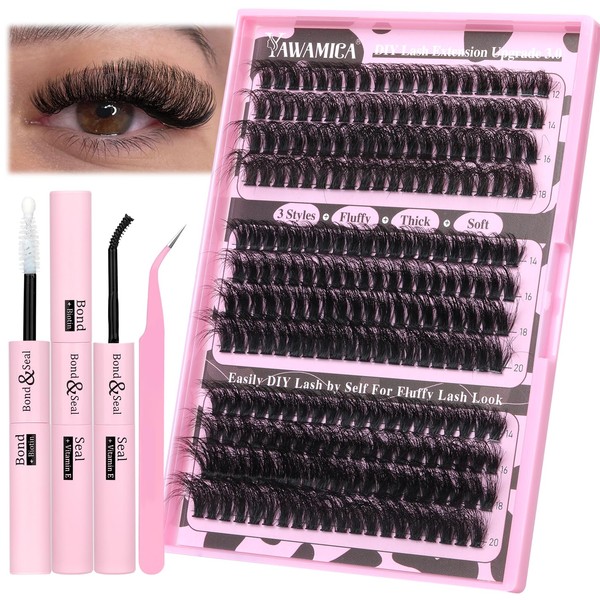 Eyelash Extension Kit Fluffy Thick Volume Lash Extension Kit 14-20mm D Curl Mink Lash Clusters 240pcs Individual Lashes Kit with Bond and Seal and Lash Applicator DIY at Home for Beginner by Yawamica