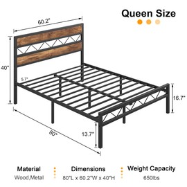 VECELO Queen Size Bed Frame with Headboard, Heavy-Duty Platform Bedframe with Metal Slats Support, No Box Spring Needed, Easy Assembly, Black & Brown