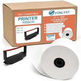 Single Ply White Bond Paper for Dot Matrix Kitchen Printer by Vonlyst | 10 Rolls: Includes 1 ERC 30-34-38 Printer Ribbon Black/Red | Epson Compatible