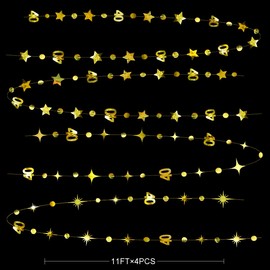 Gold 40th Birthday Garlands Decorations Number 40 Circle Dot Twinkle Star Banner Metallic Hanging Streamer Bunting Banner Backdrop for Women Mens 40 Year Old Birthday Forty Anniversary Party Supplies