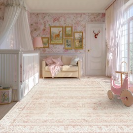 BILEEHOME Pink Washable 9x12 Area Rugs for Living Room Big Girls Bedroom Blush Pink Low Pile Soft Non Slip Neutral Boho Floral Extra Large Area Rug for Nursery Playroom Dining Room,9 by 12