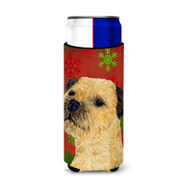 Caroline's Treasures LH9323MUK Border Terrier Red and Green Snowflakes Holiday Christmas Ultra Hugger for Slim cans Can Cooler Sleeve Hugger Machine Washable Drink Sleeve Hugger Collapsible Insulator