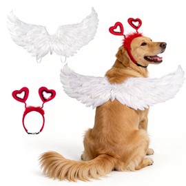 Dog Feather Wings Costume with Heart Headband for Valentine's Day Outfit Cute Pet Costume Set for Medium Large Dogs Cats Puppy