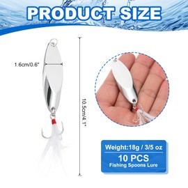 PATIKIL Fishing Spoons, 10 Pcs 3/5 oz Fishing Lures Casting Spoon Treble Hooks Jigs Hard Metal Spinner Baits for Freshwater Saltwater Salmon, Silver Tone