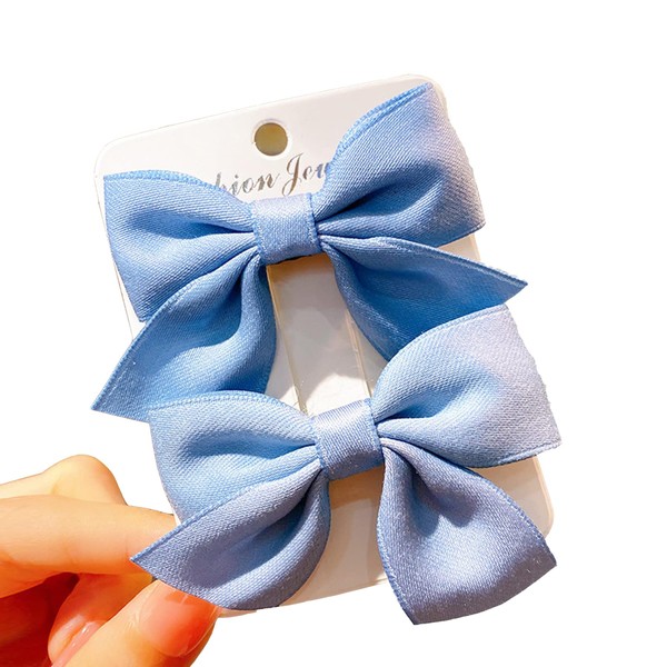 KERTFGOKU Hair Bows Clips for Girls Baby Hair Clips Cotton 2 PCS Hair Ribbon Non Slip For Infant Hair Accessories for Baby Girls Toddler Kids(Light Blue)