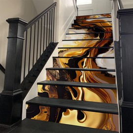 REDAMANCY Gold Yellow White Abstarct Fluid Art Peel and Stick Vinyl Stair Riser Decals Staircase Tile Stickers Decor Modern Marble Decoration Self-Adhesive(14 Pcs)