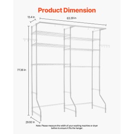 VEVOR Over The Washer and Dryer Storage Shelf, 6 Tier Laundry Room Drying Rack with Hanger Rod and Hooks, Adjustable Over Washer and Dryer Shelves, Laundry Room Shelf Storage Space Saver, White