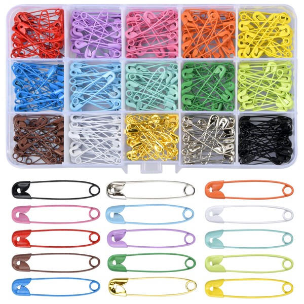 Naapesi Pack of 300 Safety Pins, Colourful Safety Pins, Metal Safety Pins, 30 mm Small Safety Pins, Safety Pins with Storage Box, for DIY, Knitting, Clothing, 15 Colours