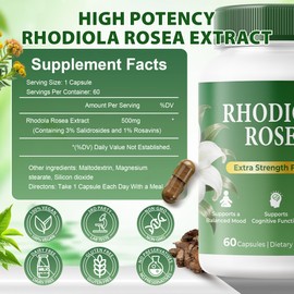 Rhodiola Rosea Extract 500mg – Adaptogen for Stress Support, Energy & Focus – Standardized Rhodiola Root Extract – Vegan, Non-GMO, 60 Capsules