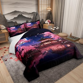 Pink Cherry Blossoms Comforter Set King Size,Japanese Style Building View Bedding Set for Kids Girls Women Men Bedroom Decor,Night Moon Quilt Set Romantic Exotic Duvet Insert,2 Pillowcases