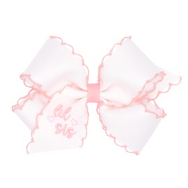Wee Ones Girls' Grosgrain Hair Bow with Light Pink Moonstitch Edge, "Lil Sis" Embroidery, Medium