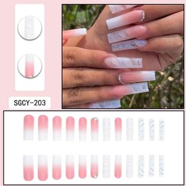 Square Press On Nails Long Fake Nails Rhinestone With Gradient Glitter Design Pink False Nails Full Cover Ombre Glue On Nails Artificial Acrylic Nails Glossy Reusable Stick On Nails For Women 24pcs
