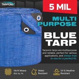 TARPONIX Better Blue Poly Tarp 12’ x 16’ – Lightweight 5 Mil Waterproof Cover – Durable, Weatherproof, Multipurpose Protection for Camping, Roofing, Construction