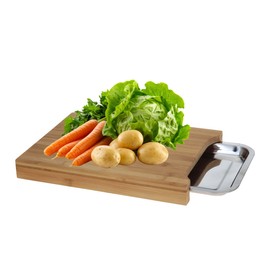 mucHome Schneidebrett aus 100% Bambus mit Edelstahl Auffangschale - antibakterielles Holz-Brett 35 x 25 cm - messerschonendes Bambusholz Küchenbrett