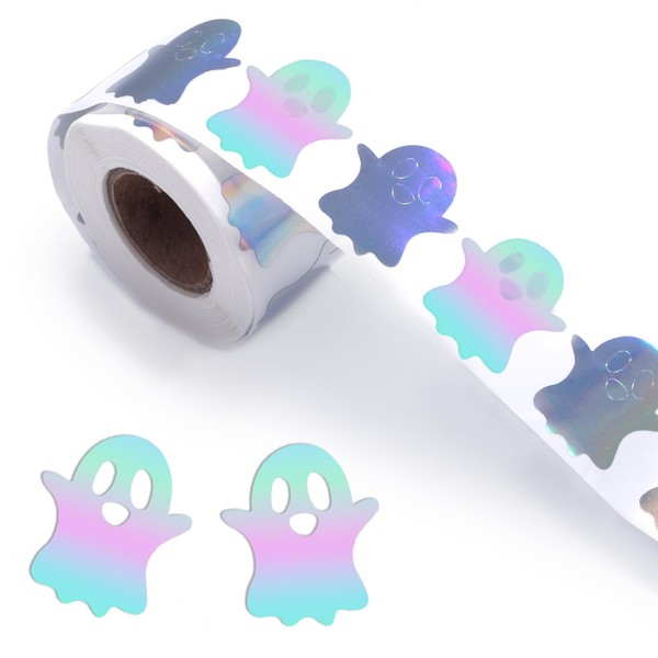500pcs Halloween Ghost Stickers Roll, Laser Sparkly Ghost Holographic Stickers