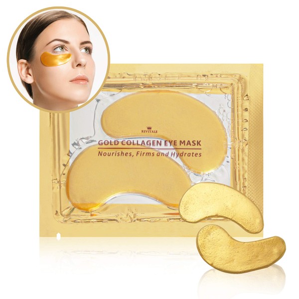 Revitale 24k Gold Under EYE Patches Collagen Gel Mask, Nourishes, Firms & Hydrates, Puffy Eyes & Dark Circles, Hyaluronic Acid (10 Pack)