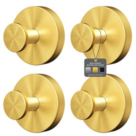 Ninth Five Shower Suction Cup Hooks, Heavy Duty Bathroom Wall Hooks for Towels, Robes, Loofahs, Removable Metal Hook for Tile Glass Mirror, No Drill(4 Pack, Gold)